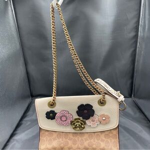 Coach Parker Color block Signature Pebbled leather with Tea Rose appliqué